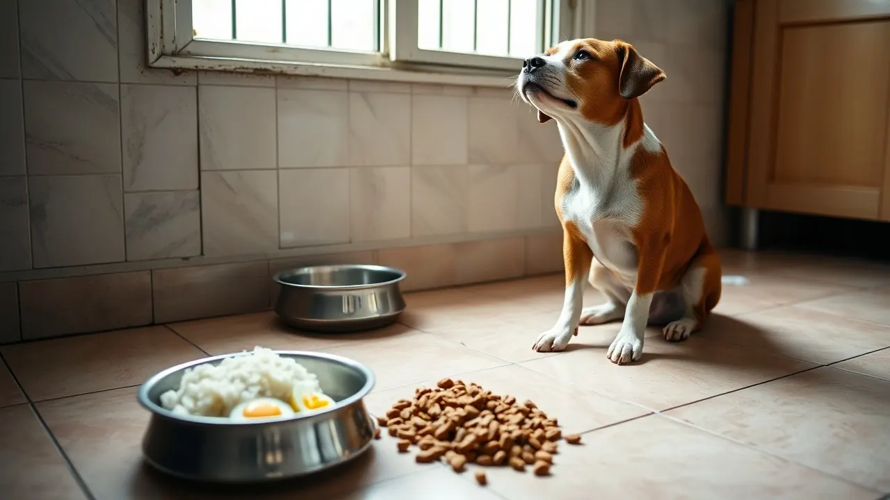 A brown and white Indie dog sits on a kitchen floor beside a bowl of rice and egg and a pile of dry kibble