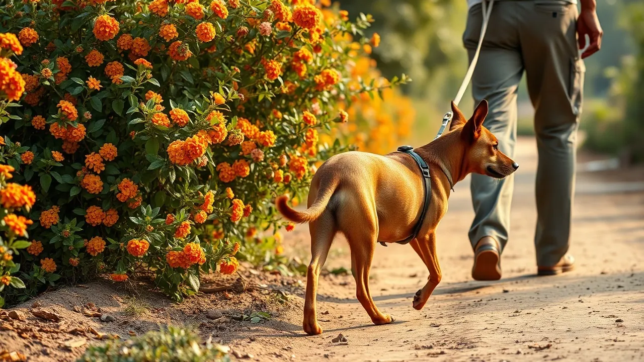 A brown Indian Pariah dog walks on a leash past a flowering lantana shrub with orange, yellow and pink flowers