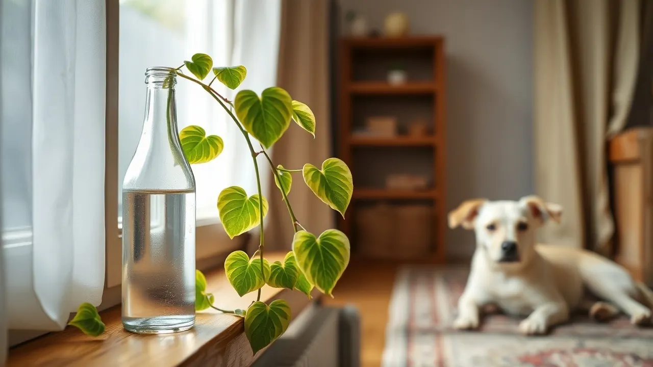 A money plant trails from a glass water bottle on a windowsill while a cream dog rests behind