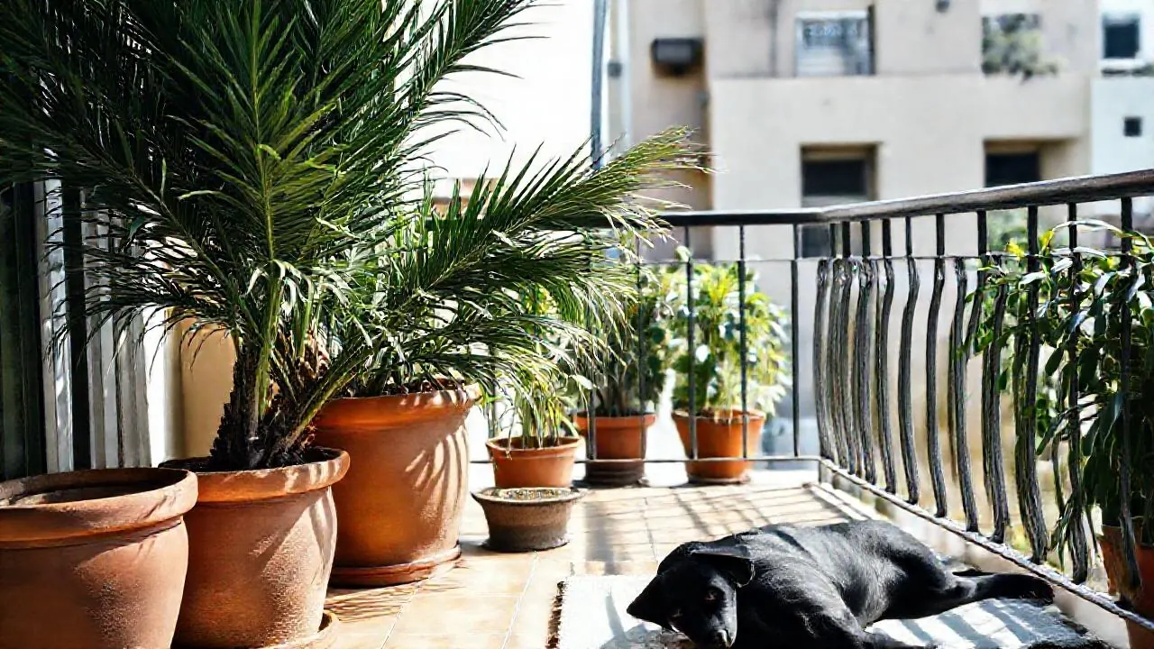 A sago palm in a terracotta pot on an Indian apartment balcony, a black Labrador resting nearby