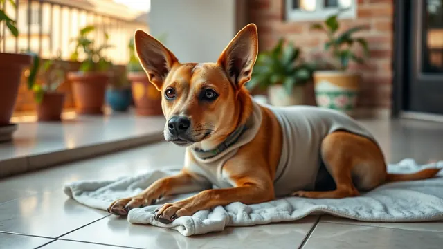 Cachorro vira-lata caramelo com roupa cirúrgica deitado numa manta na varanda de uma casa