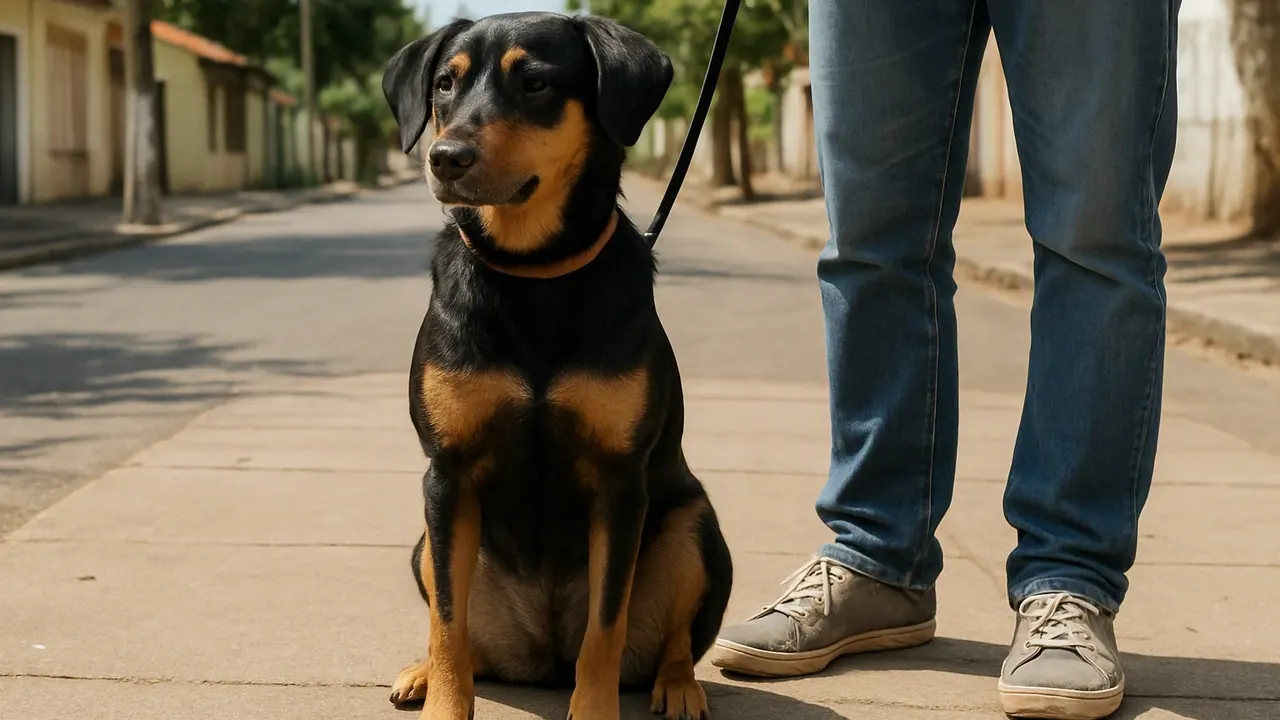 Cachorro preto e caramelo de coleira sentado na calçada diante de uma unidade veterinária municipal