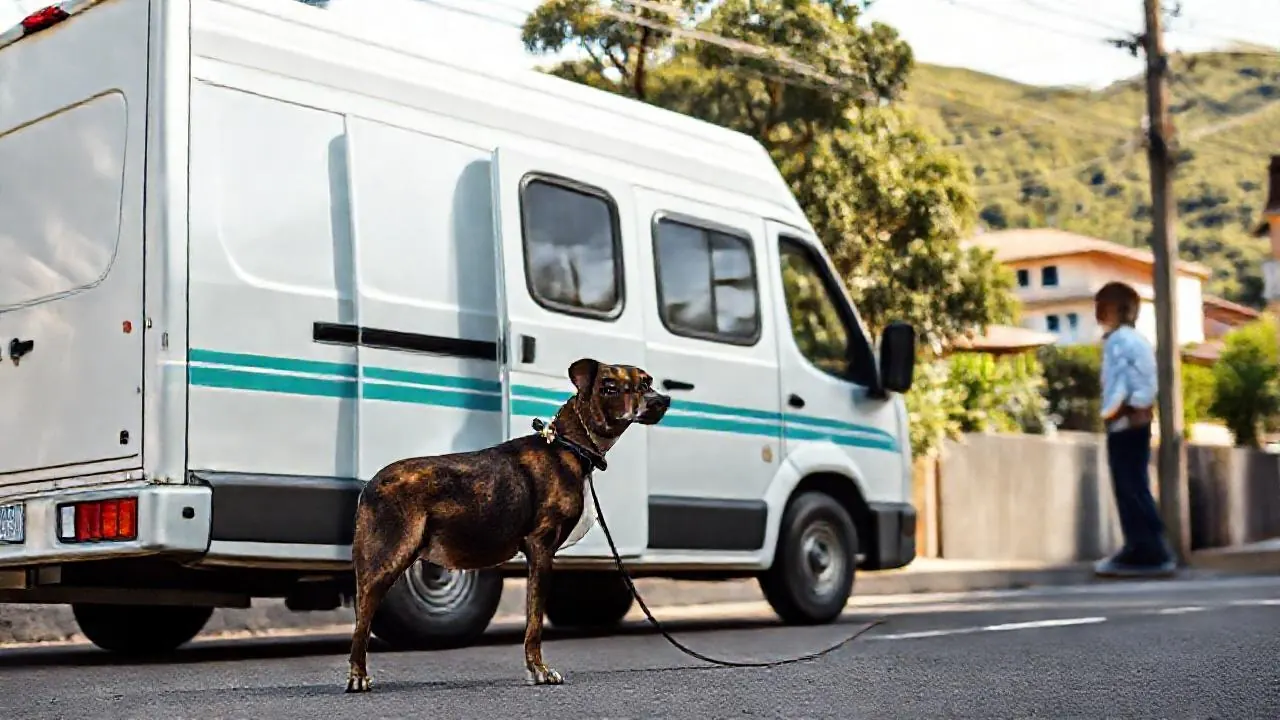 Cachorro tigrado de coleira esperando ao lado de uma van veterinária branca numa rua residencial com morros ao fundo