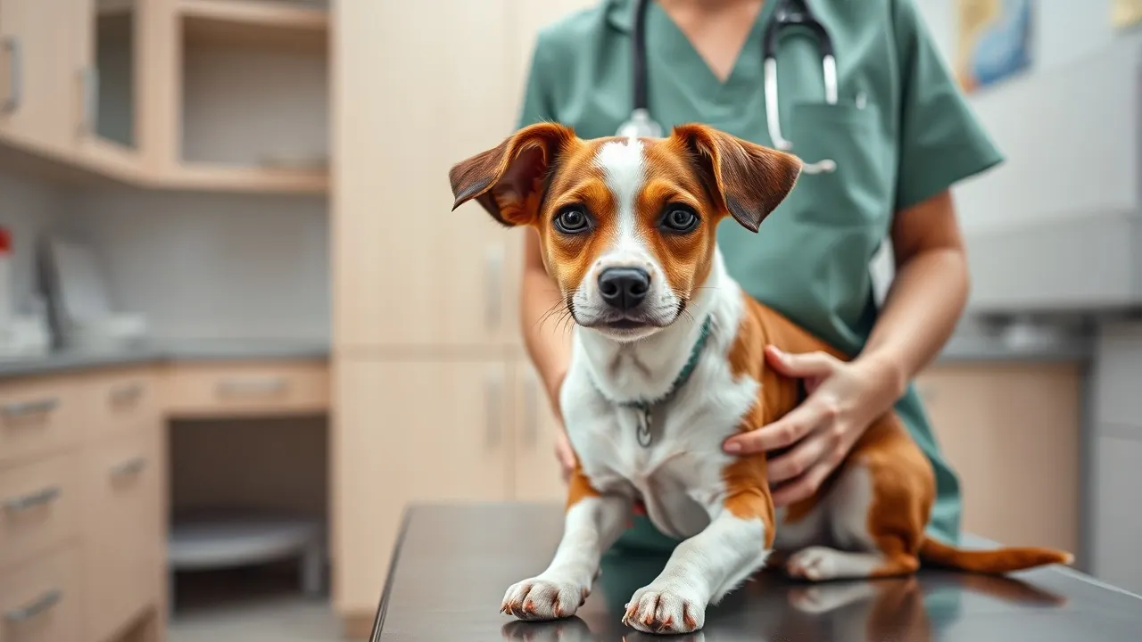 Cachorro pequeno marrom e branco sentado numa mesa de exame de clínica veterinária, segurado por uma veterinária de roupa verde
