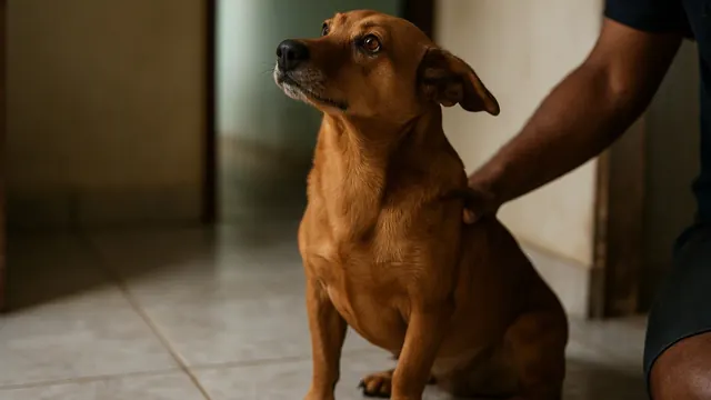 Cachorro vira-lata marrom sentado e atento no piso frio de uma casa, com a mão do tutor nas costas
