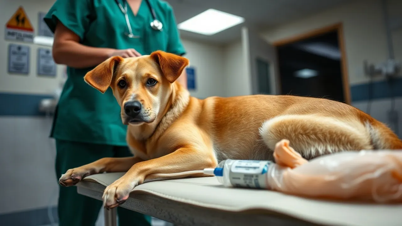 Cachorro de pelo dourado deitado em uma mesa de pronto-socorro veterinário recebendo soro na pata