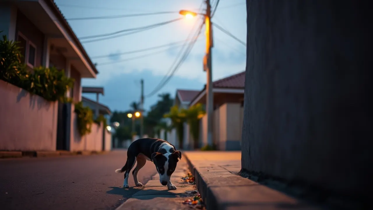 Cachorro preto e branco cheirando a calçada junto ao muro de uma casa em rua de bairro ao entardecer