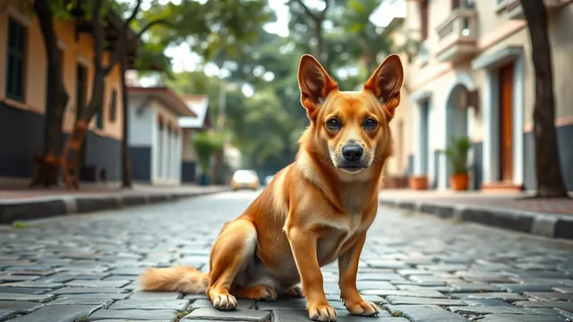 Cachorro vira-lata caramelo sentado tranquilo em uma calçada de pedra portuguesa em uma rua residencial com árvores
