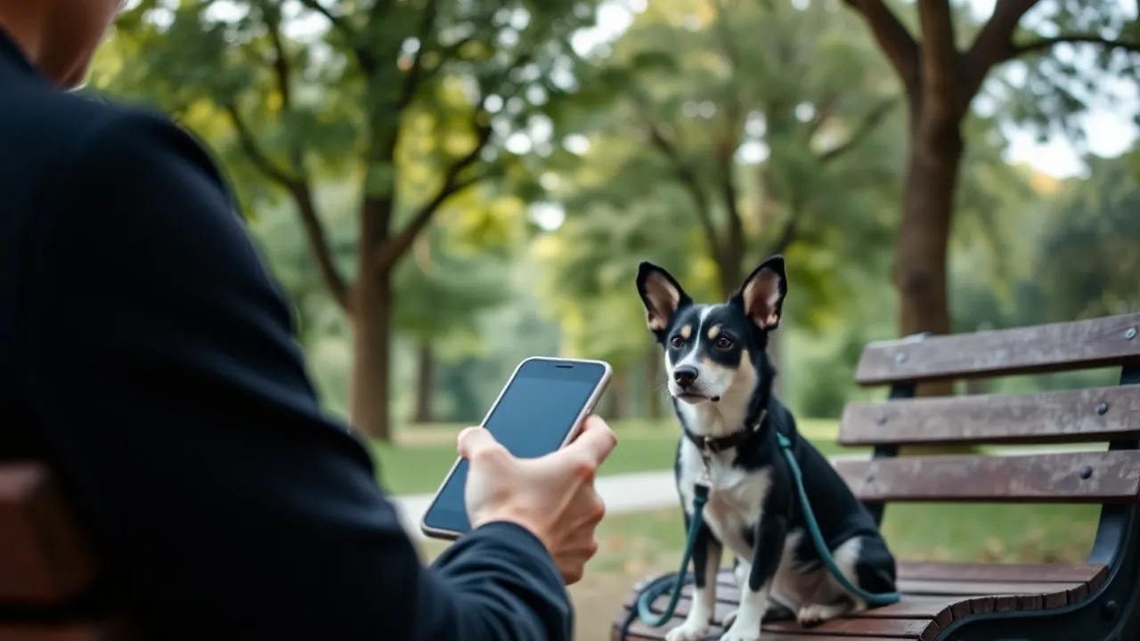 Pessoa sentada em um banco de praça digita no celular ao lado de um cachorro preto e branco na guia