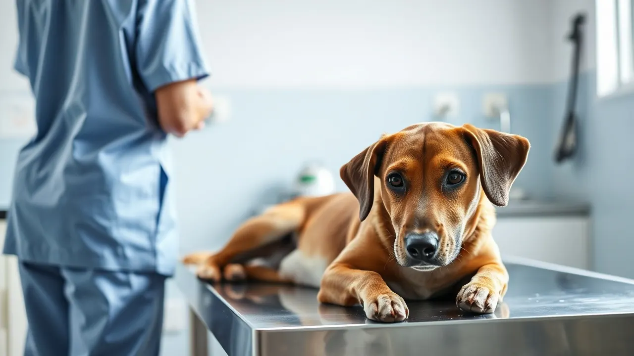 Veterinária de costas examina um cachorro marrom deitado em uma mesa de inox em uma clínica pequena e clara