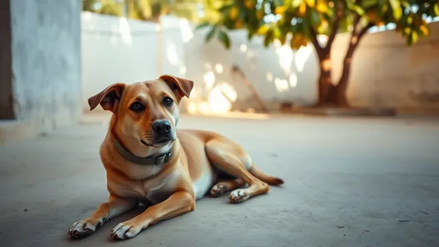 Cachorro vira-lata caramelo deitado no chão de cimento de um quintal limpo, com mangueira e muro branco ao fundo