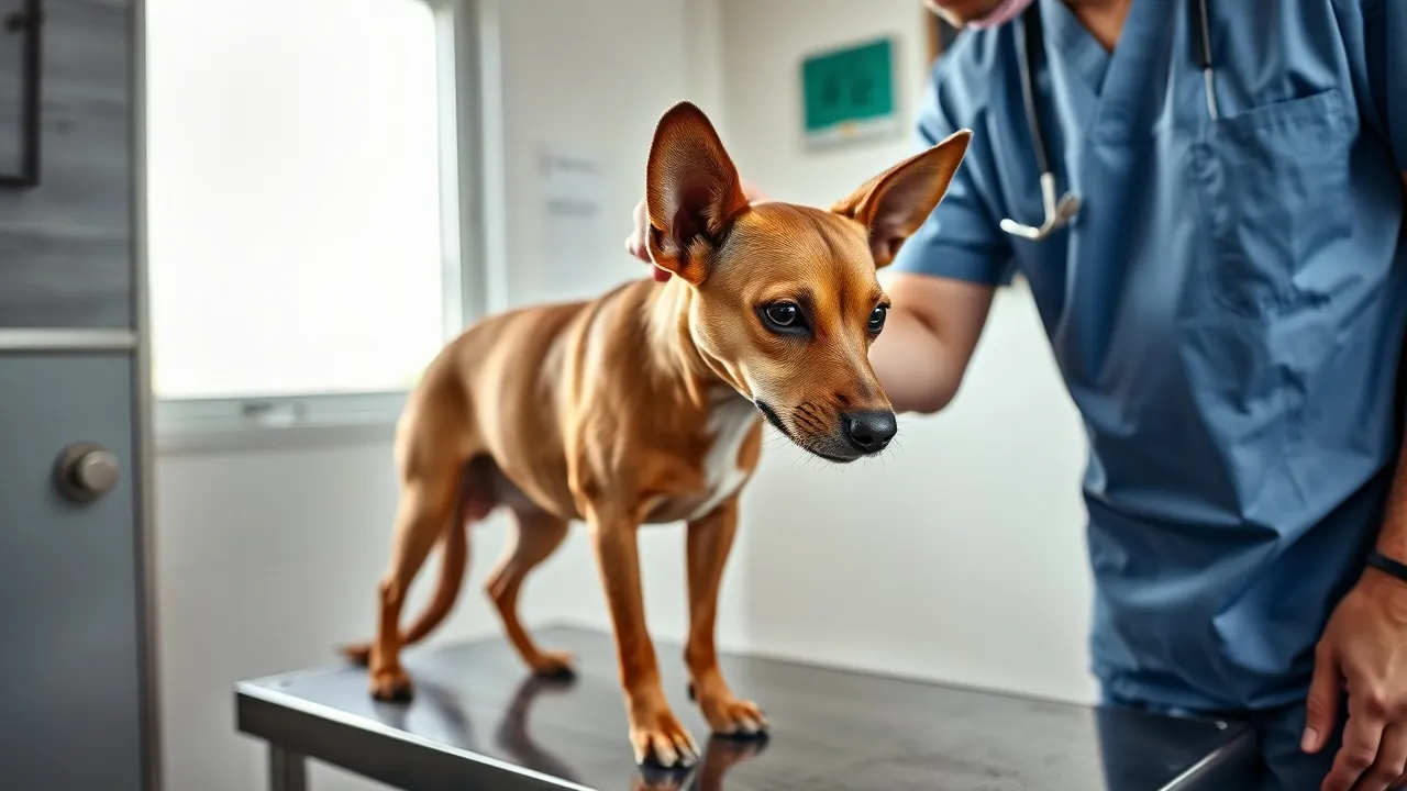 Veterinária examina a orelha de um cachorro vira-lata marrom sobre uma mesa de aço numa clínica