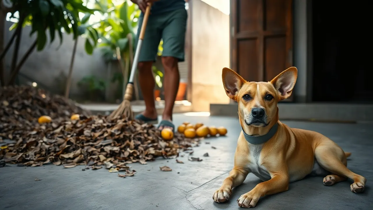 Pessoa varre folhas secas num quintal enquanto um cachorro vira-lata de coleira cinza descansa no chão de cimento