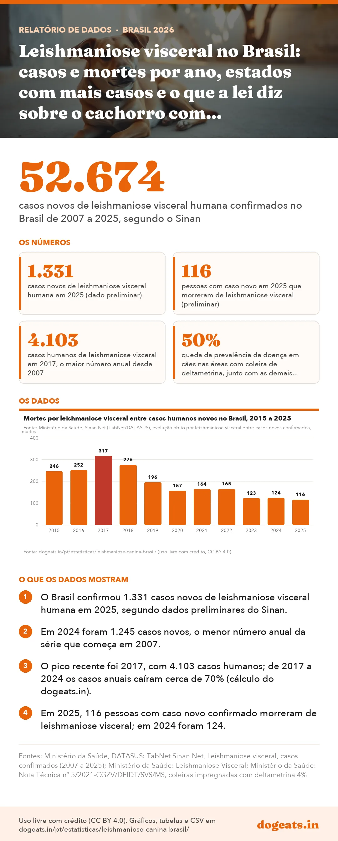 Infográfico: Leishmaniose visceral no Brasil: casos e mortes por ano, estados com mais casos e o que a lei diz sobre o cachorro com leishmaniose