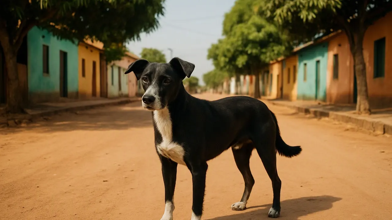 Cachorro vira-lata preto e branco em pé à sombra de um cajueiro numa rua de terra com casas baixas coloridas