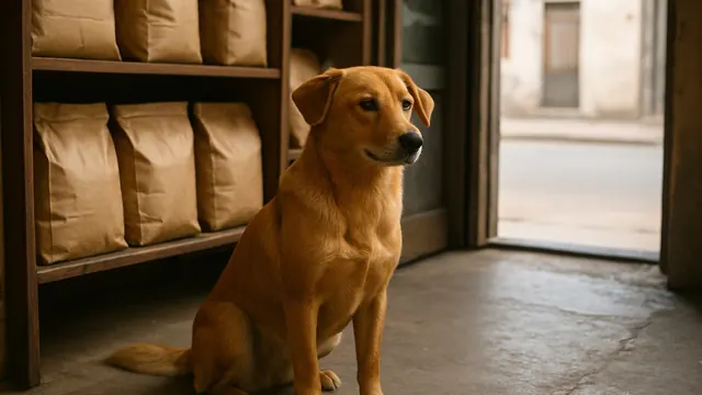 Cachorro vira-lata dourado sentado no piso de um pequeno pet shop de bairro, com prateleiras de sacos de ração sem rótulo