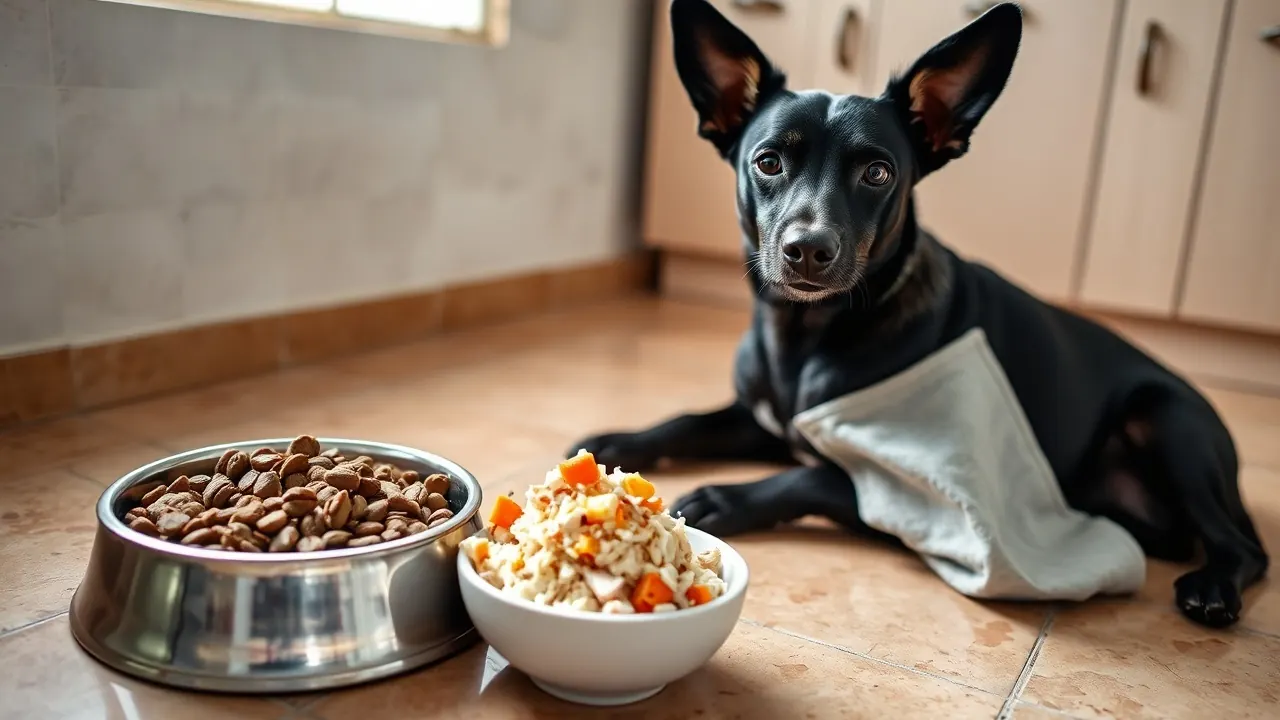 Cachorro vira-lata preto sentado ao lado de um pote de ração seca e de um pote com arroz, frango desfiado e cenoura numa cozinha