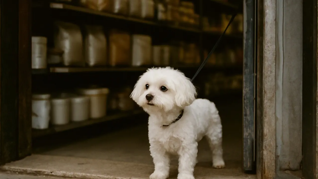 Cachorro pequeno branco recém-tosado na calçada em frente a um pet shop de bairro numa rua tranquila do Recife