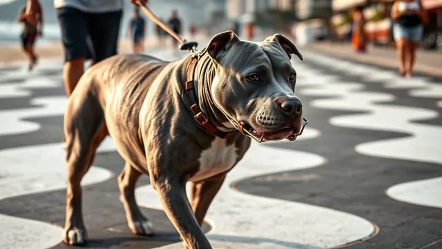 Cachorro tipo pit bull cinza com focinheira de cesto e guia curta caminhando em um calçadão de ondas pretas e brancas