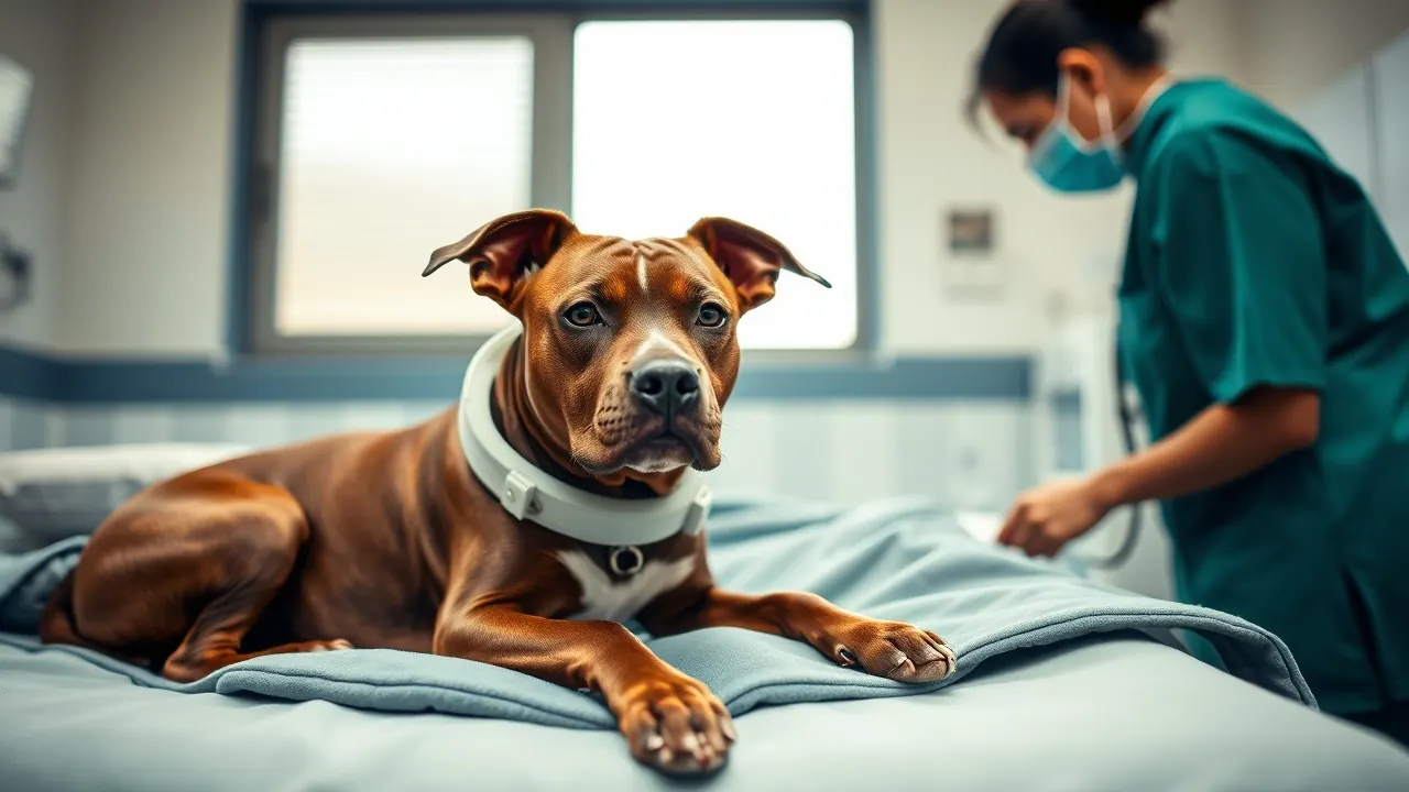 Filhote de pit bull tigrado descansando em uma manta em sala de recuperação de clínica veterinária