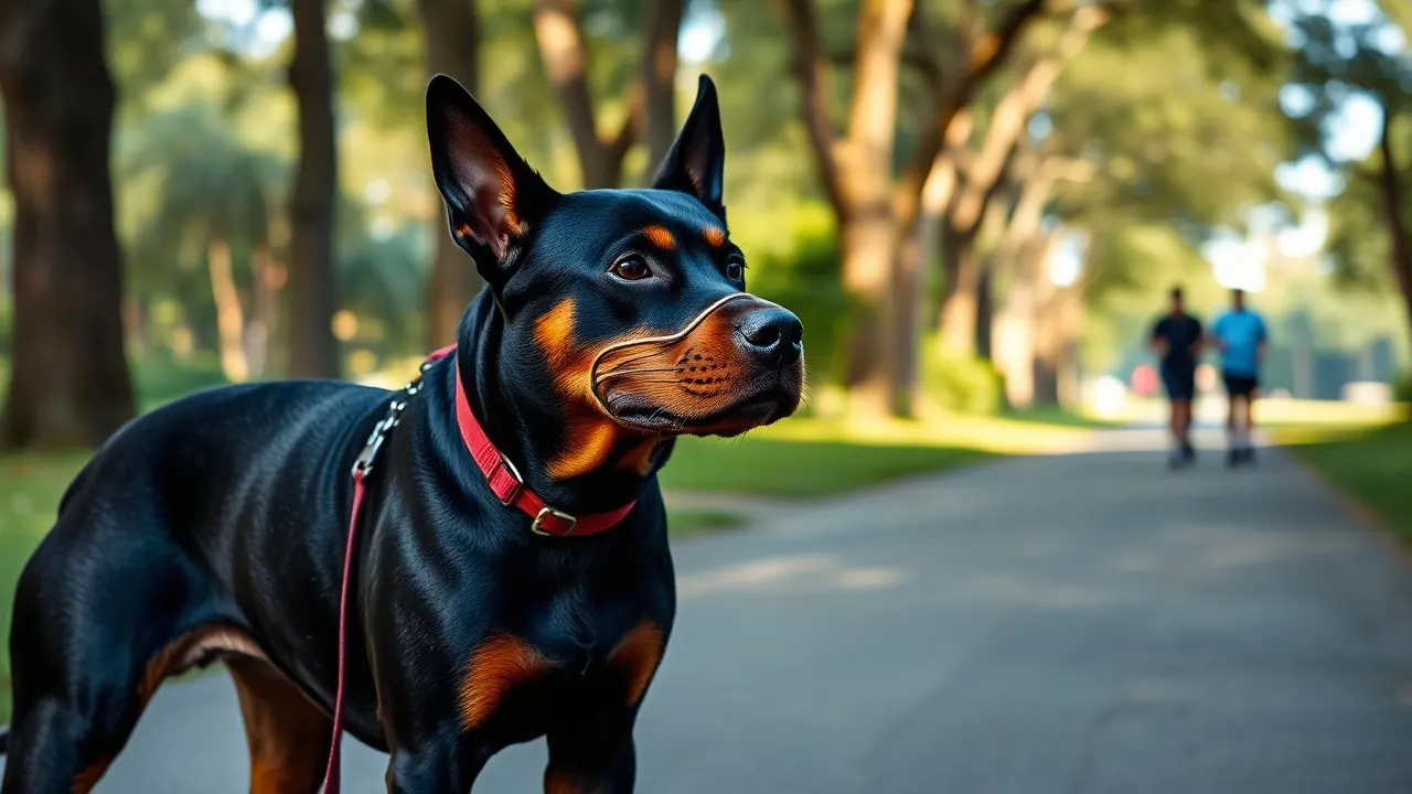 Rottweiler adulto com focinheira de cesto em guia curta parado em um caminho de parque arborizado