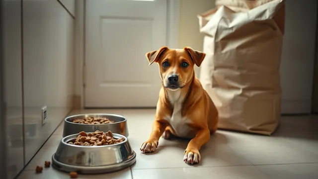 Cachorro vira-lata caramelo sentado ao lado de um pote de ração no chão de uma cozinha