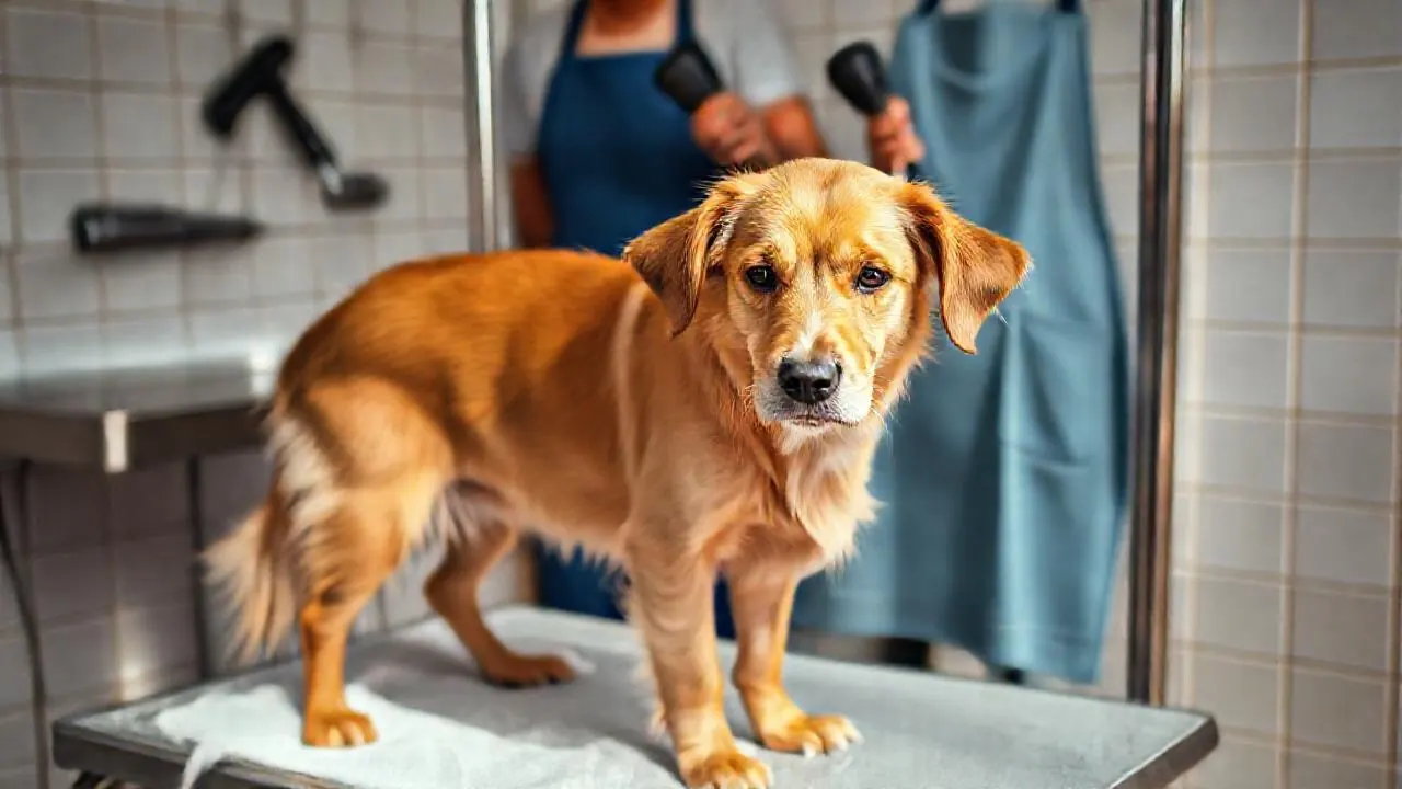 Cachorro dourado de pelo recém-lavado em pé numa mesa de banho e tosa, com uma tosadora de avental azul ao lado