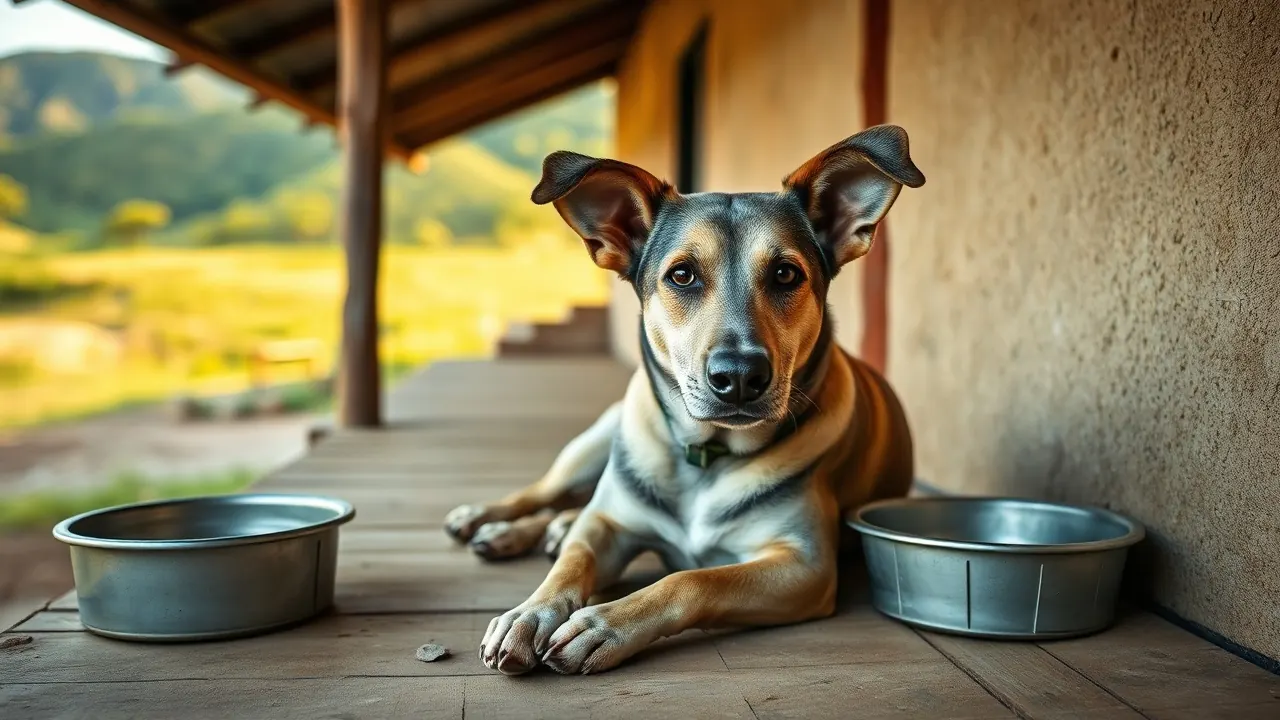 Cachorro idoso de focinho grisalho deitado na varanda de madeira de uma casa no interior, ao lado de uma tigela de água