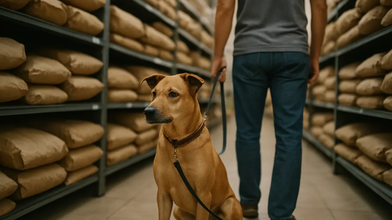 Cachorro caramelo de guia sentado no corredor de um pet shop com prateleiras cheias de sacos de ração