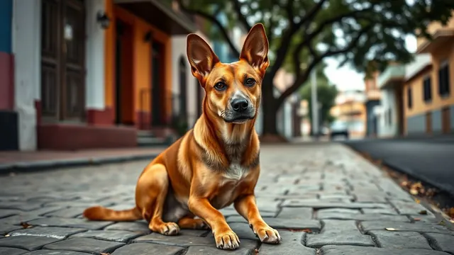 Cachorro vira-lata marrom sentado numa calçada de pedra portuguesa em uma rua residencial de São Paulo