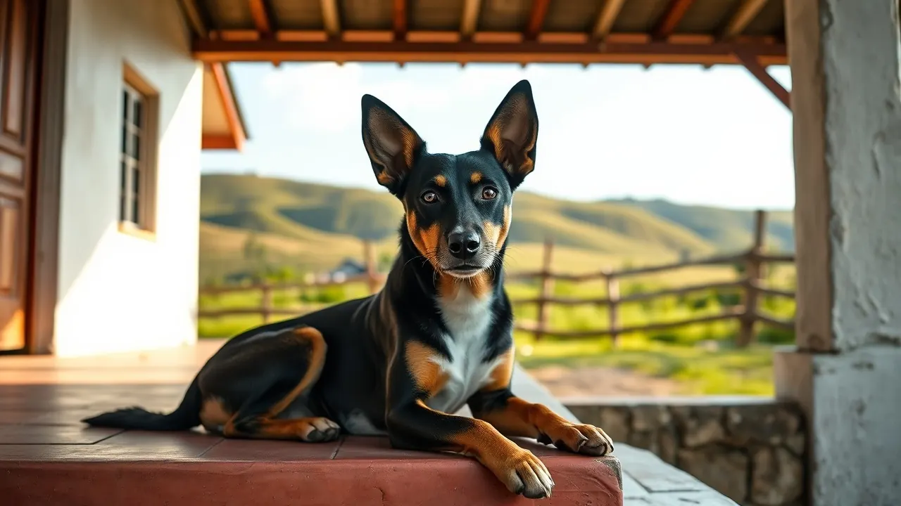 Cachorro vira-lata preto e caramelo deitado na escada da varanda de uma casa de fazenda no interior de Minas Gerais