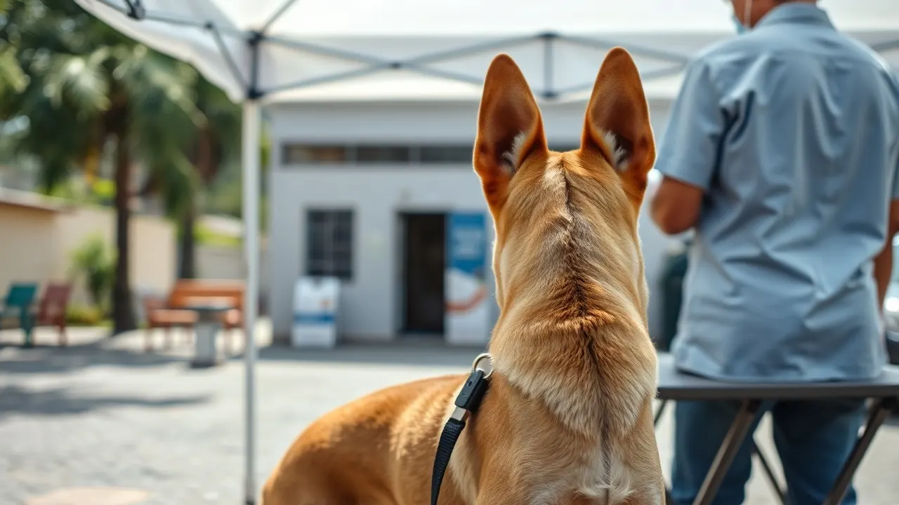 Cachorro vira-lata caramelo na guia em um posto de vacinação ao ar livre numa praça, com agente de saúde de costas