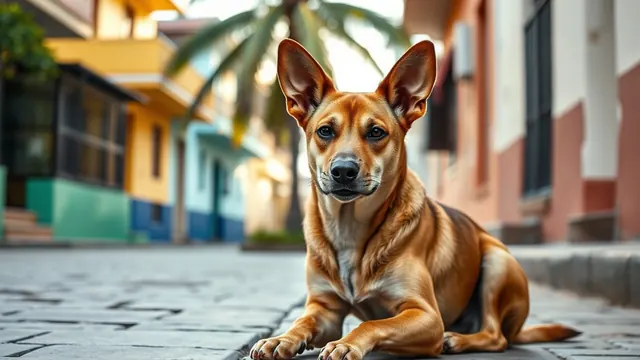 Cachorro vira-lata marrom sentado numa calçada de pedra portuguesa numa rua residencial com casas coloridas e uma palmeira