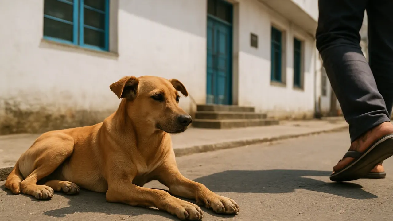 Cachorro vira-lata caramelo deitado à sombra na calçada em frente a uma unidade de saúde de paredes brancas e janelas azuis