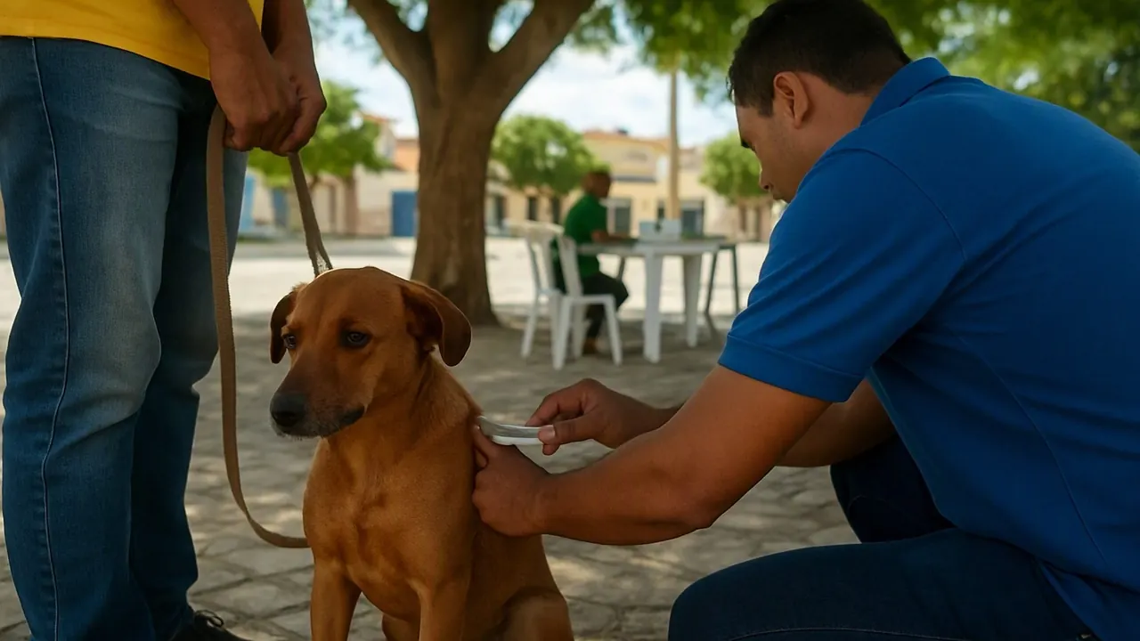 Agente de saúde aplica vacina num cachorro vira-lata marrom seguro na guia pelo tutor, numa praça arborizada