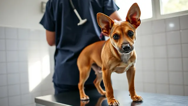 Veterinária de jaleco azul examina um cachorro vira-lata caramelo sobre a mesa de uma clínica