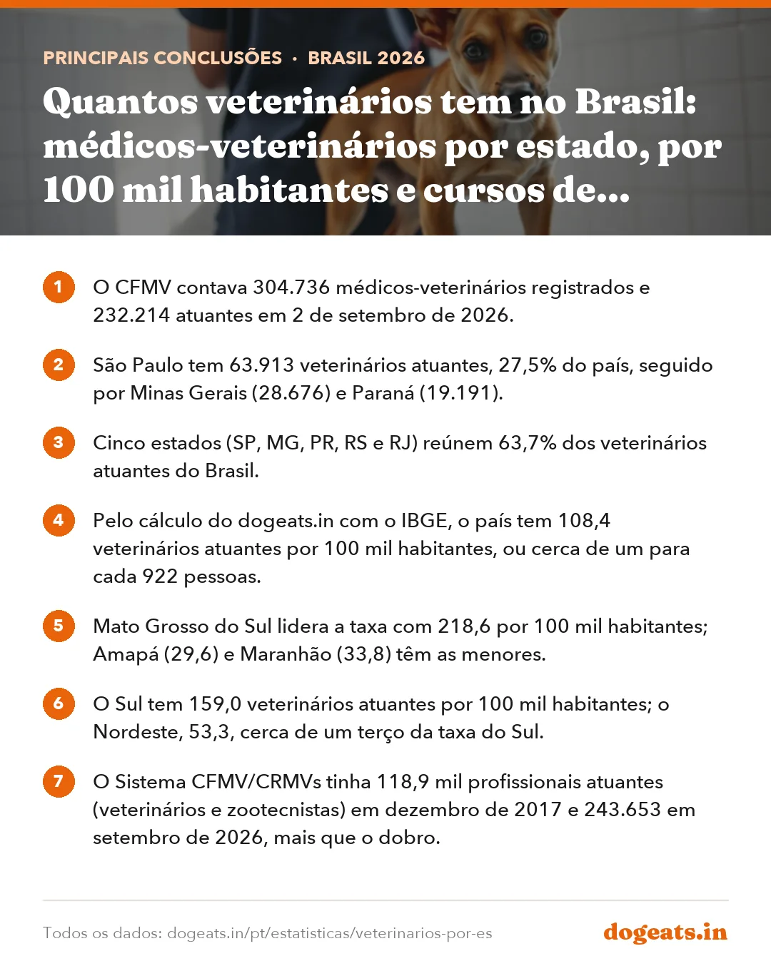Principais conclusões: Quantos veterinários tem no Brasil: médicos-veterinários por estado, por 100 mil habitantes e cursos de veterinária em 2026