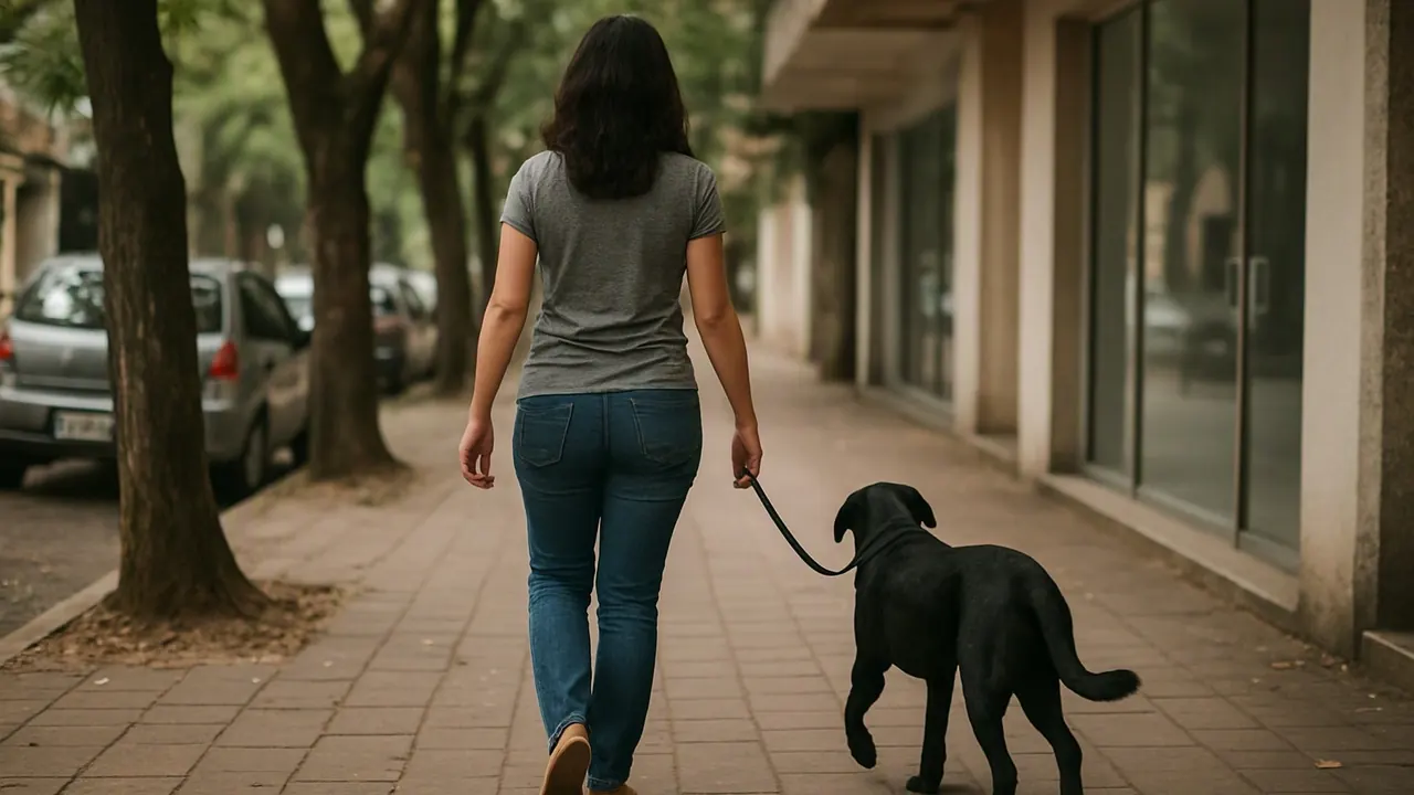 Mulher de costas leva um cachorro preto na guia até a porta de uma clínica veterinária em uma rua arborizada