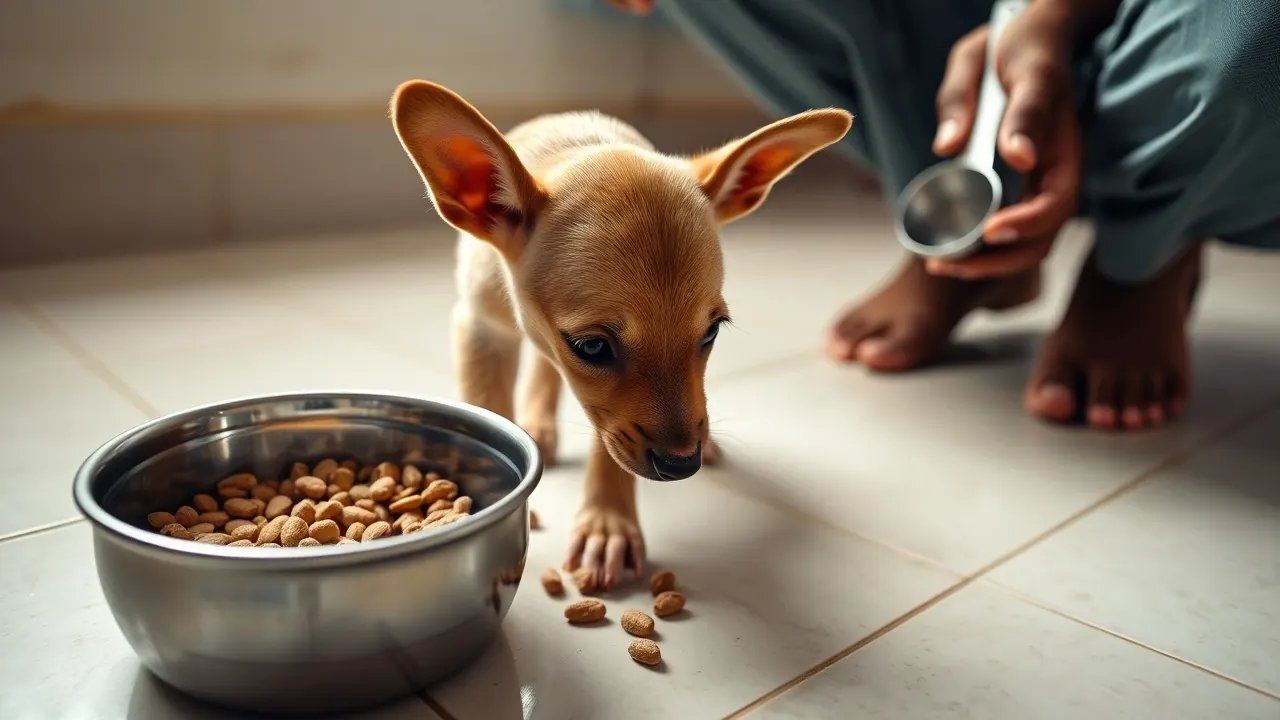 A three-month-old Indie puppy eats soaked kibble from a steel bowl, portioned using a puppy feeding chart