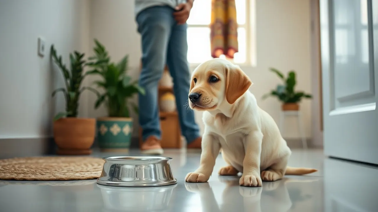 A Labrador puppy waits beside its steel bowl at mealtime, following a puppy feeding chart for India