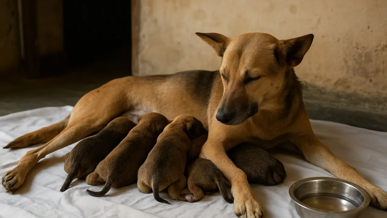 A mother indie dog nurses her newborn puppies on a clean sheet, the first stage of a puppy feeding chart