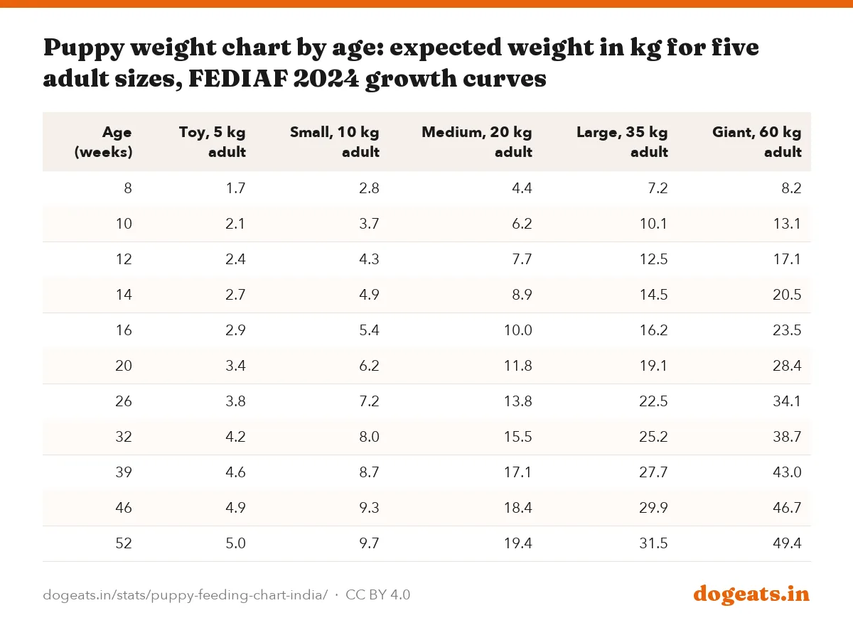 Puppy weight chart by age: expected weight in kg for five adult sizes, FEDIAF 2024 growth curves