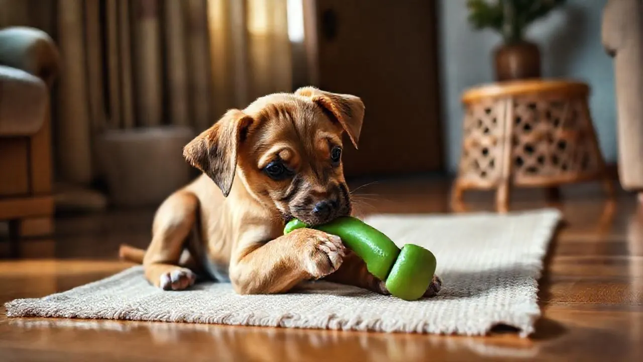 A three-month-old fawn Indie puppy chews a soft green rubber toy on a cotton dhurrie in an Indian living room