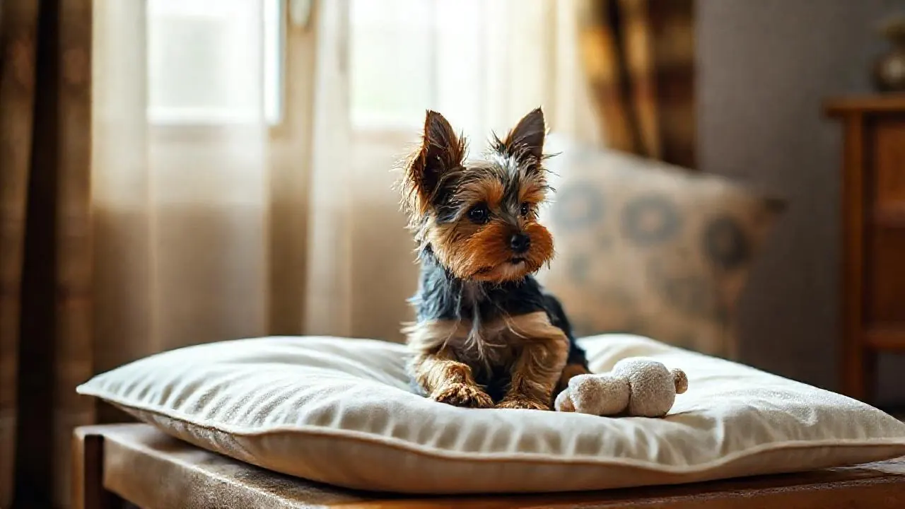 A small Yorkshire Terrier puppy sits on a cream cushion on a wooden diwan next to a plush toy