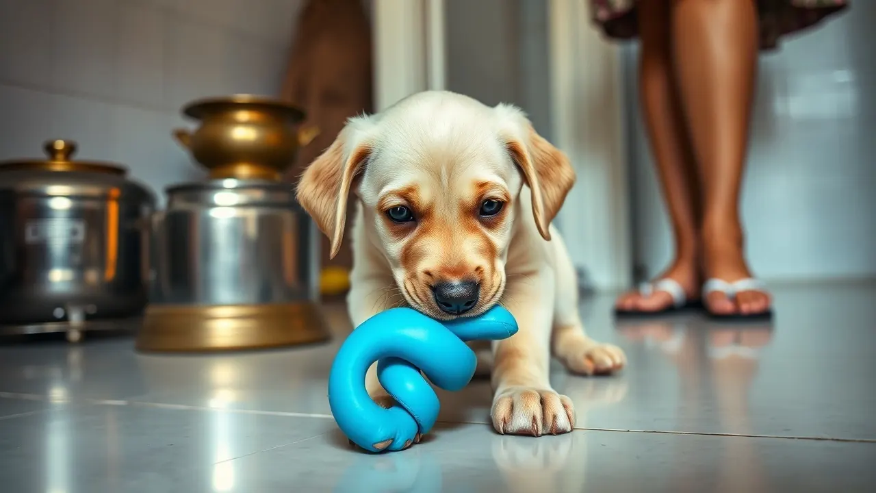 A four-month-old cream Labrador puppy chews a blue rubber teething toy on an Indian kitchen floor