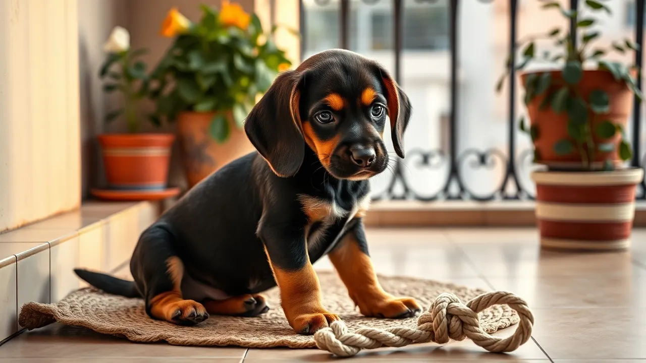 A five-month-old Beagle puppy sits on a jute mat on an Indian balcony beside a knotted cotton rope toy