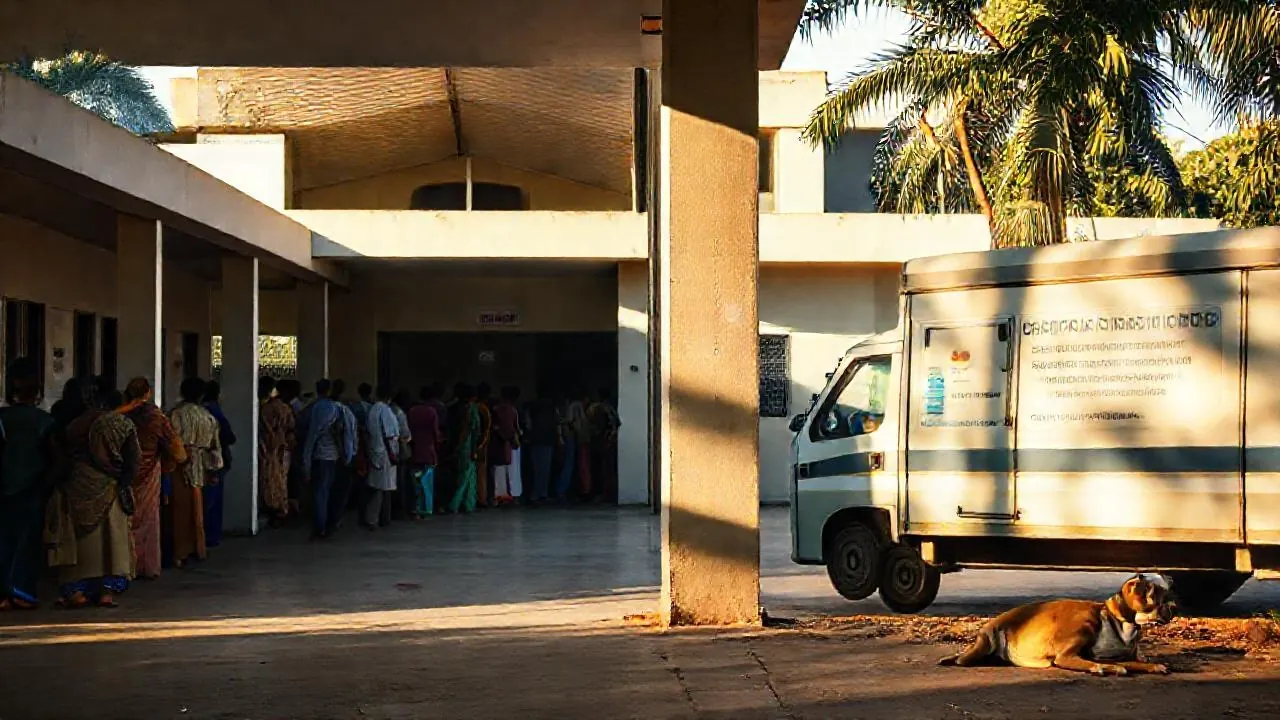 Outpatient corridor of an Indian district hospital with a queue seen from behind and a cold chain van parked