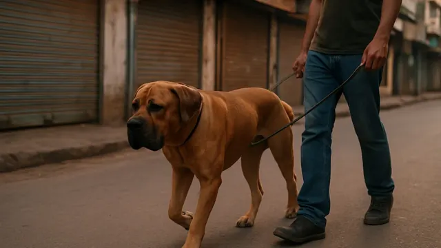 A fawn Cane Corso walks calmly on a short leash along an Indian city street in the evening