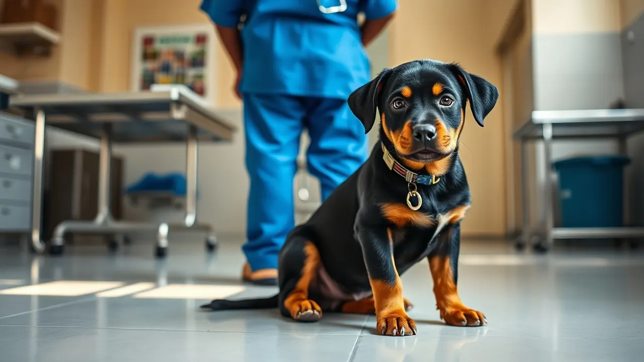 A young Rottweiler sits calmly while a vet, seen from behind, checks the tag on its collar in a clinic