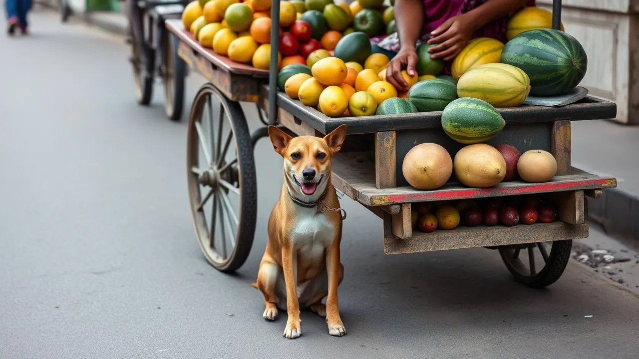 Fruit cart with mangoes, watermelons and lychees, with a cream Indie dog resting in the shade beside it